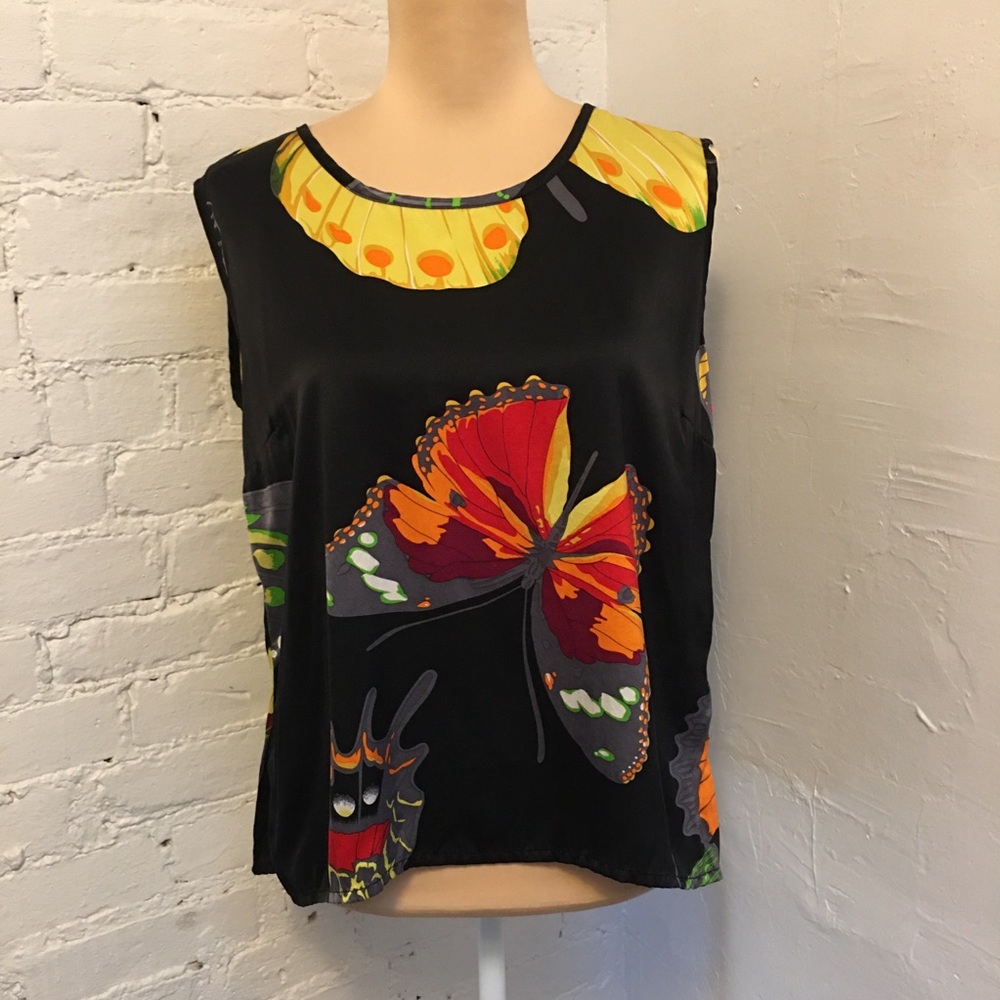 Caroline Rose sleeveless silk top butterfly print black size L
